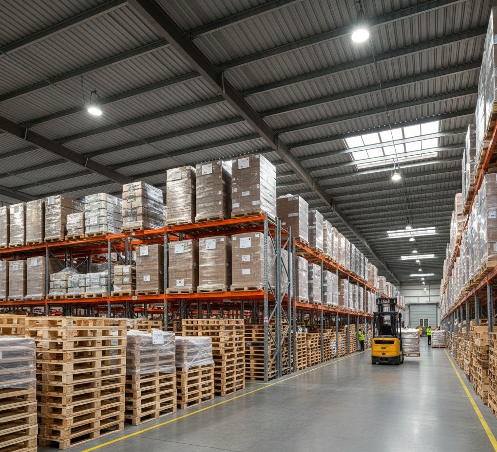 Quality wooden pallets stacked in warehouse